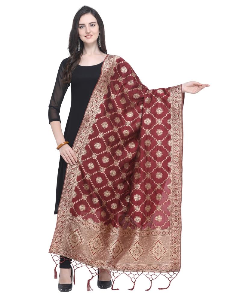 Appealing Maroon Coloured Poly Silk Jacquard Banarasi Dupatta | Leemboodi