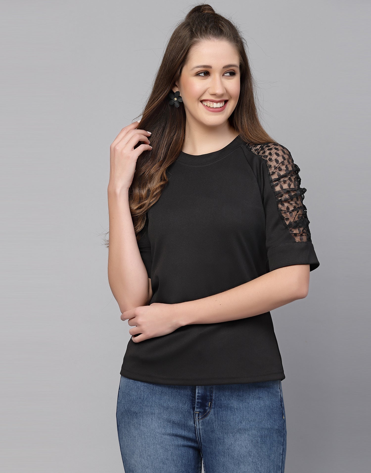 Black Lycra Balloon sleeve self design Top | Leemboodi