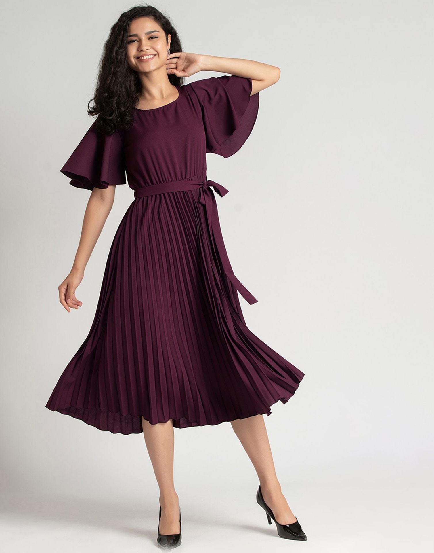 Wine Pleated Asymmetric Dress | Leemboodi