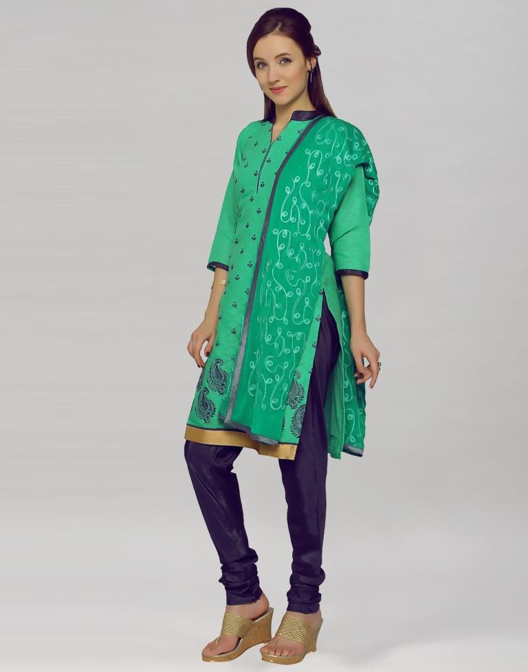 Green Brasso Cotton Embroidered Unstitched Salwar Suit | Leemboodi