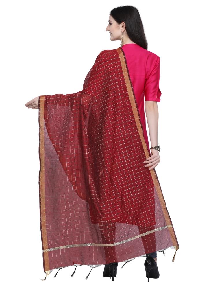 Modish Maroon Coloured Cotton Silk Zari Checks Dupatta | Leemboodi