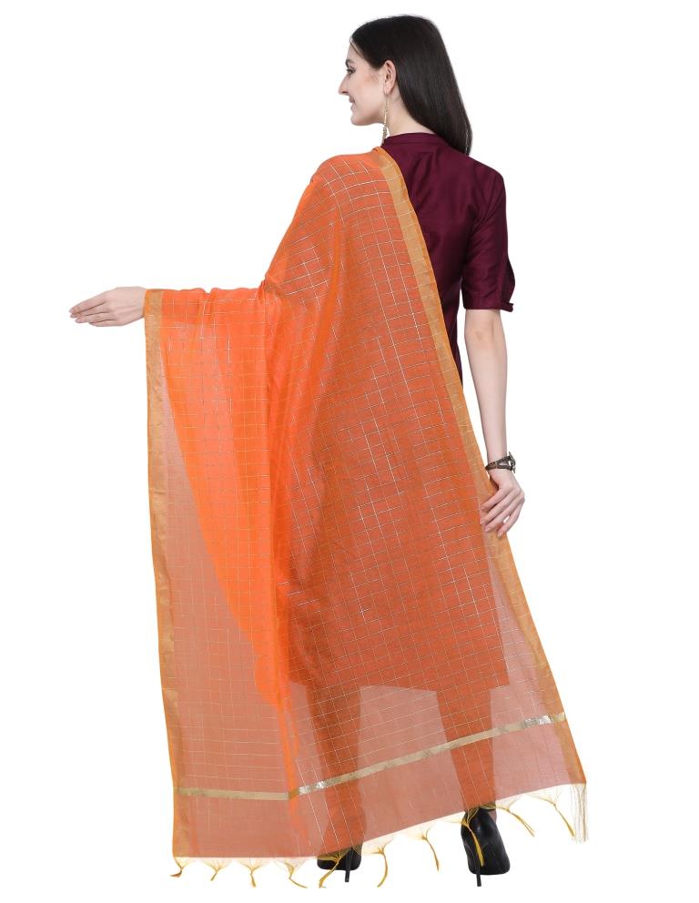 Royal Orange Coloured Cotton Silk Zari Checks Dupatta | Leemboodi