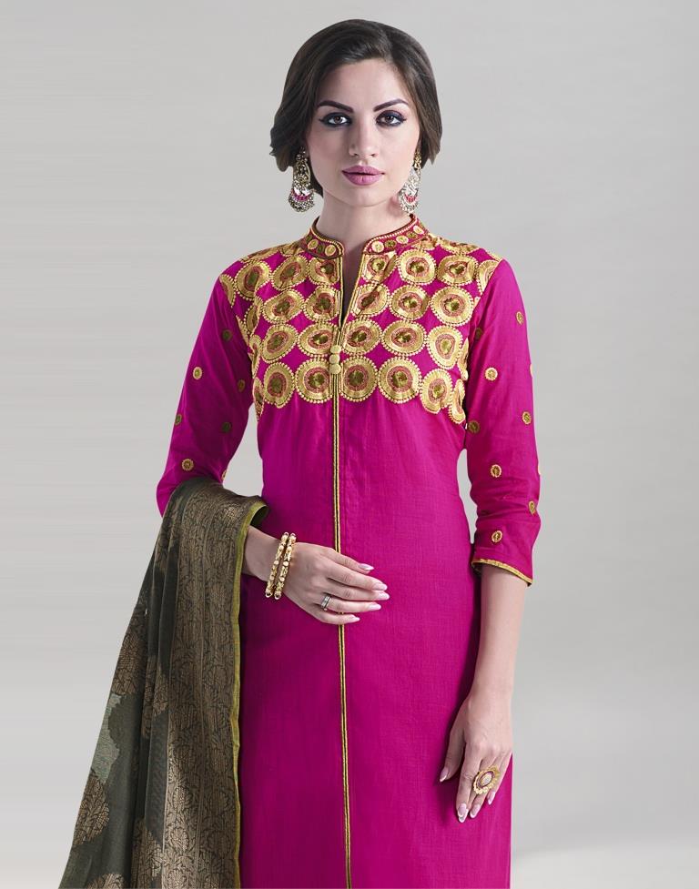Pink Khadi Cotton Embroidered Unstitched Salwar Suit | Leemboodi