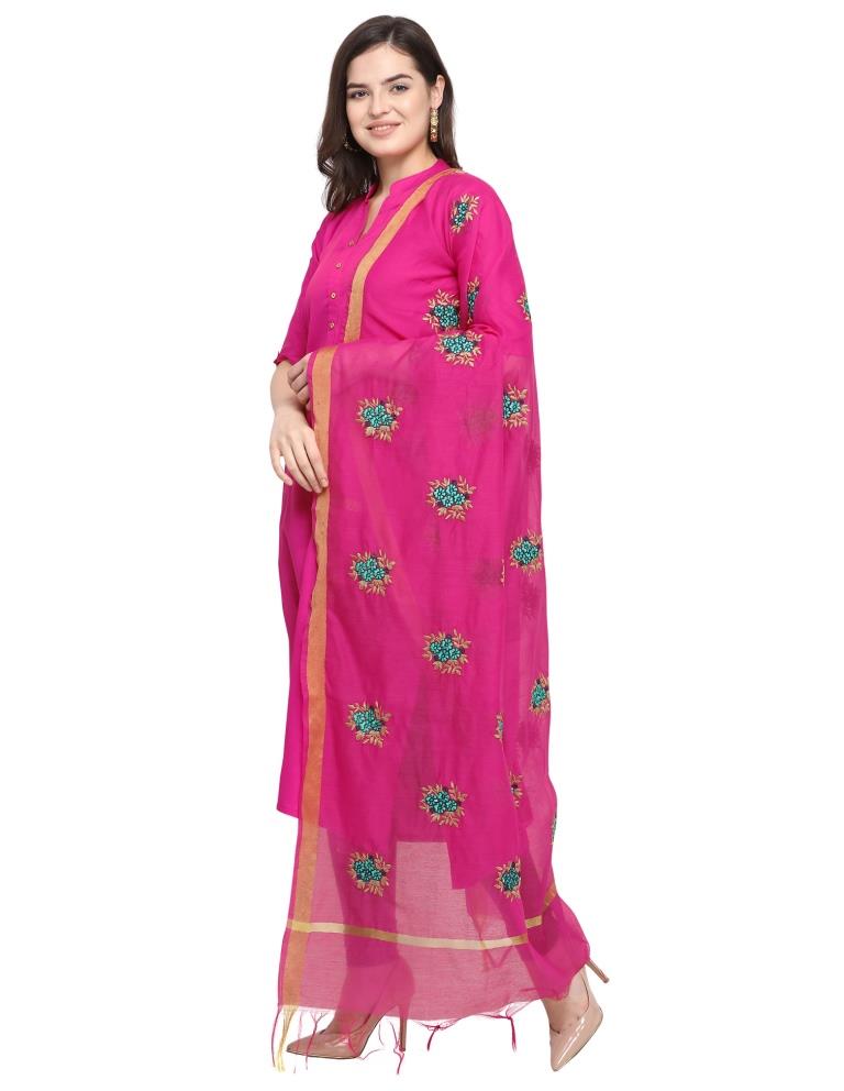 Sensuous Pink Coloured Cotton Silk Thread Embroidered Dupatta | Leemboodi