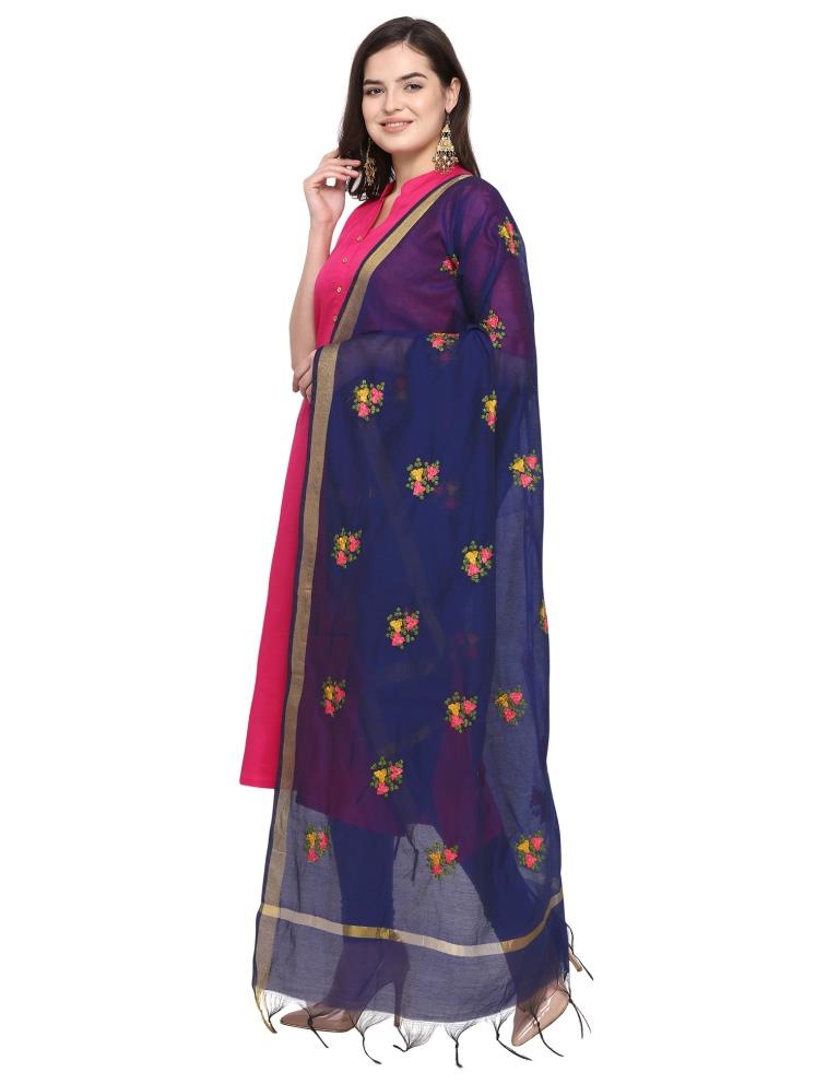 Glamorous Navy Blue Coloured Cotton Silk Thread Embroidered Dupatta | Leemboodi