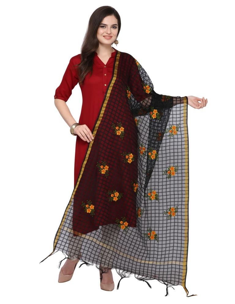Amiable Black Coloured Cotton Silk Thread Embroidered Dupatta | Leemboodi