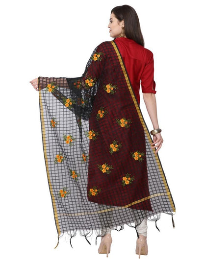 Amiable Black Coloured Cotton Silk Thread Embroidered Dupatta | Leemboodi
