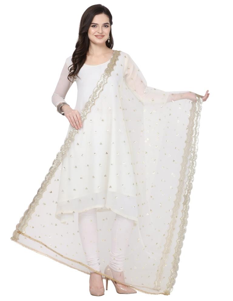Breezy White Coloured Net Sequins And Zari Embroidered Dupatta | Leemboodi