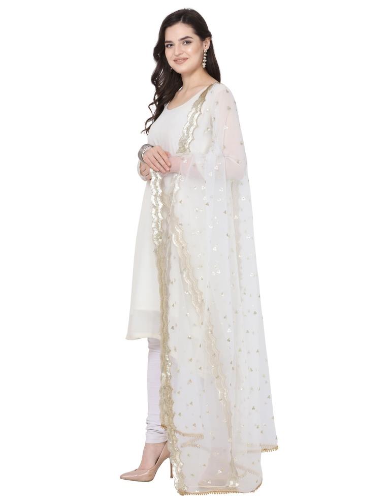 Breezy White Coloured Net Sequins And Zari Embroidered Dupatta | Leemboodi