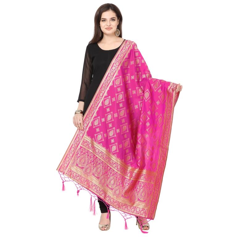 Exquisite Pink Coloured Poly Silk Jacquard Banarasi Dupatta | Leemboodi