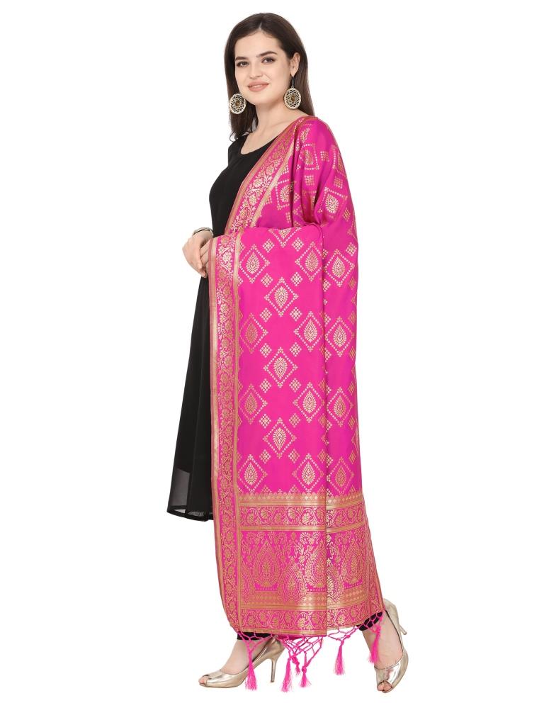 Exquisite Pink Coloured Poly Silk Jacquard Banarasi Dupatta | Leemboodi