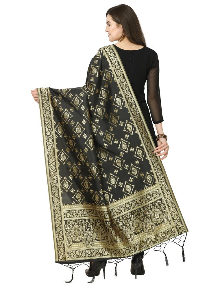 Brilliant Black Coloured Poly Silk Jacquard Banarasi Dupatta | Leemboodi
