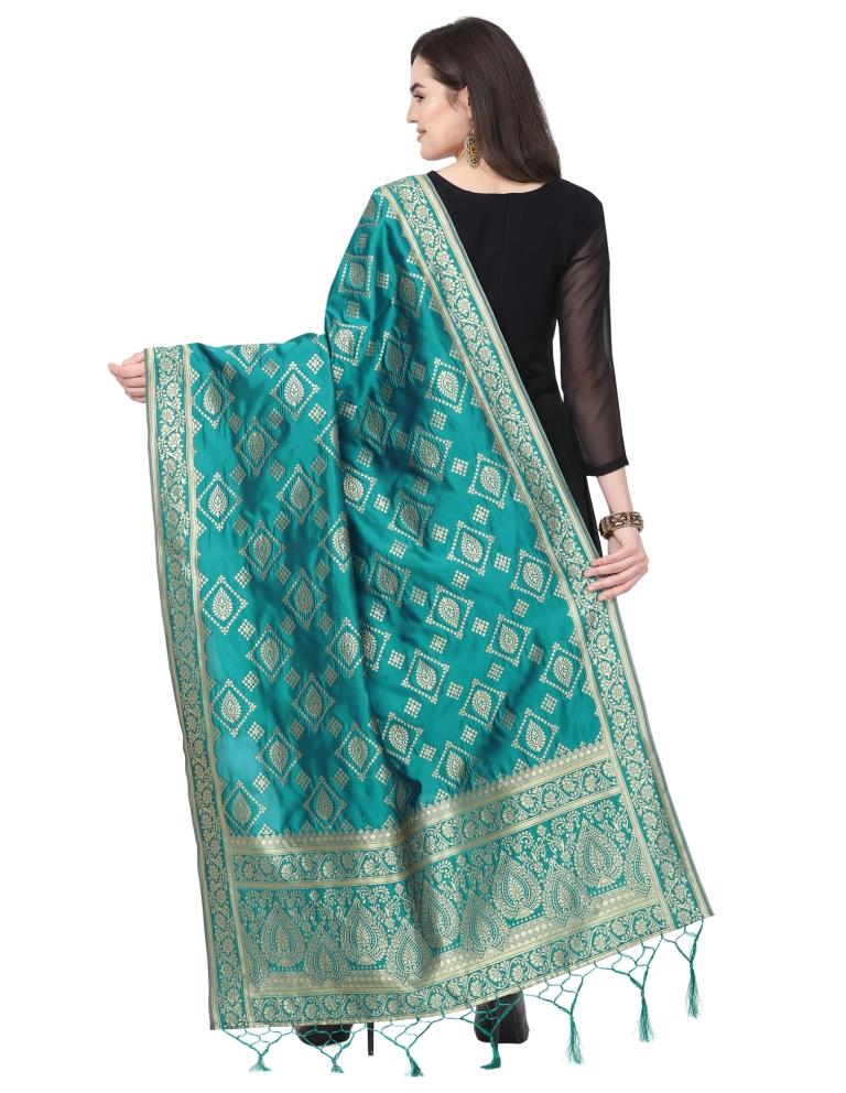 Creative Turquoise Coloured Poly Silk Jacquard Banarasi Dupatta | Leemboodi