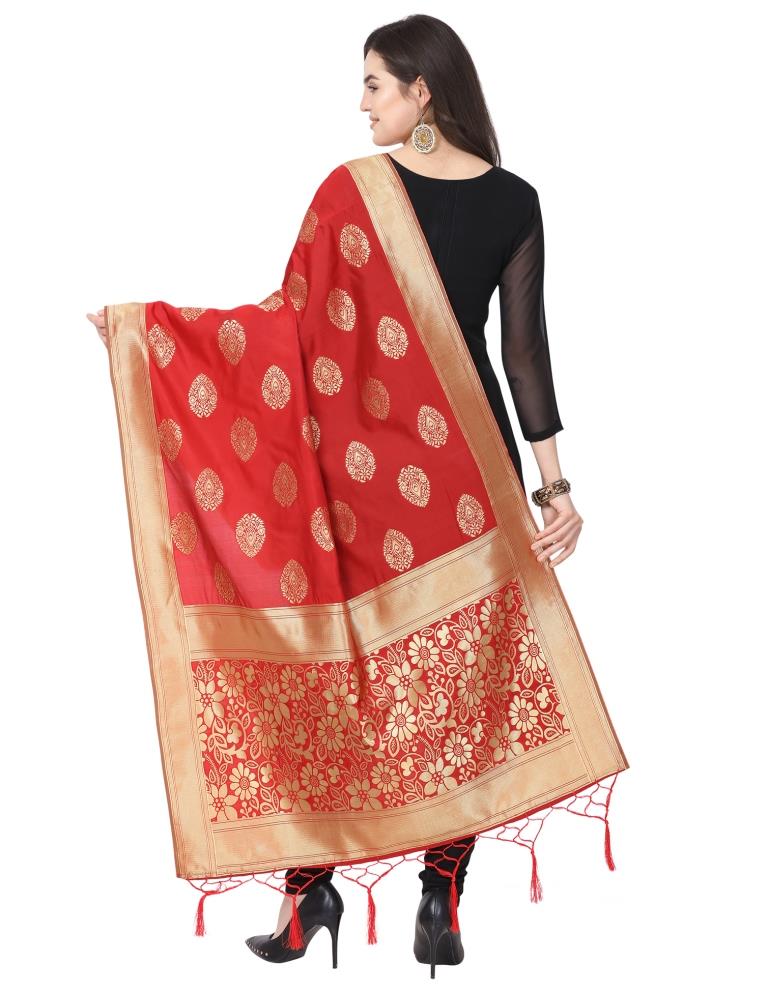 Ethereal Red Coloured Poly Silk Jacquard Banarasi Dupatta | Leemboodi