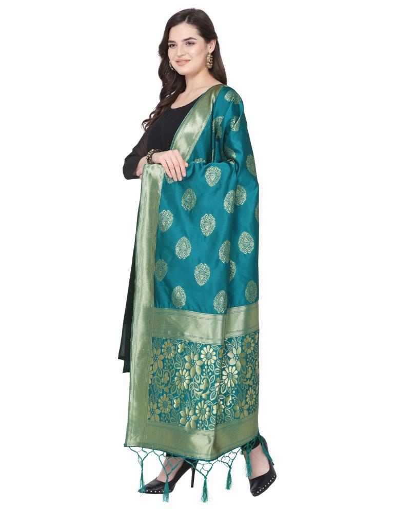 Auspicious Turquoise Coloured Poly Silk Jacquard Banarasi Dupatta | Leemboodi