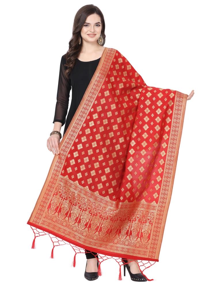 Precious Red Coloured Poly Silk Jacquard Banarasi Dupatta | Leemboodi