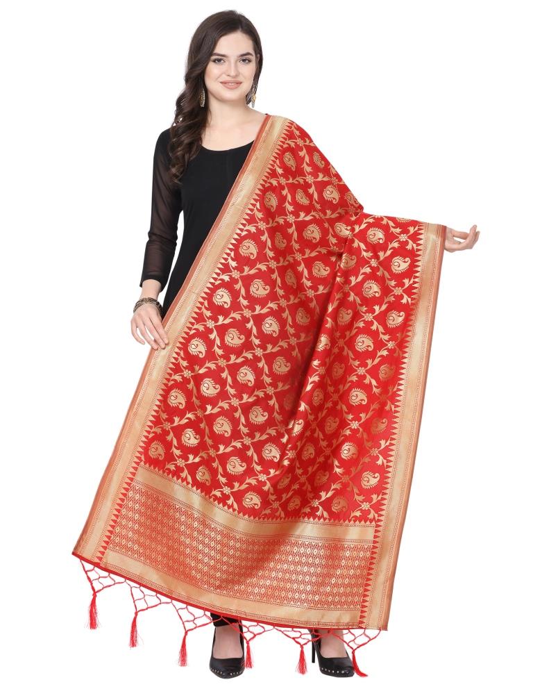 Lustrous Red Coloured Poly Silk Jacquard Banarasi Dupatta | Leemboodi