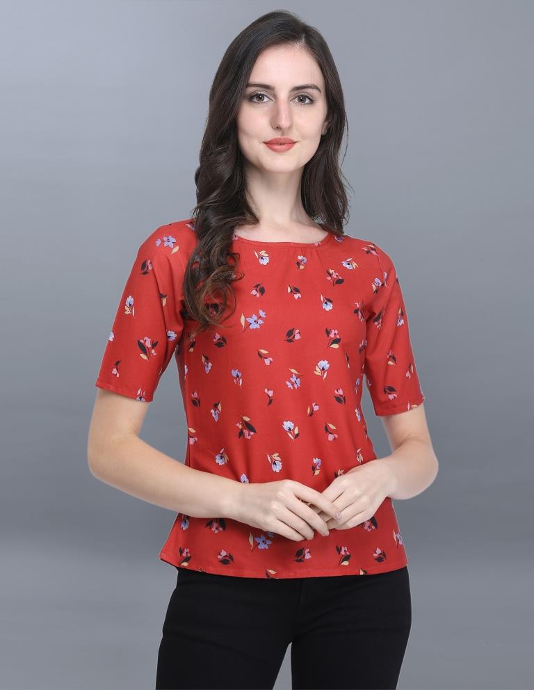 Captivating Red Coloured Printed Crepe Tops | Leemboodi
