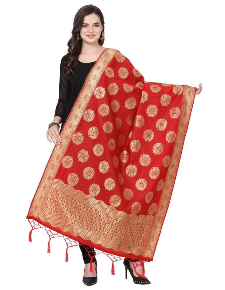 Sleek Red Coloured Poly Silk Jacquard Banarasi Dupatta | Leemboodi