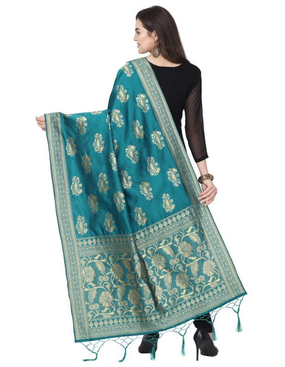 Lustrous Turquoise Coloured Poly Silk Jacquard Banarasi Dupatta | Leemboodi