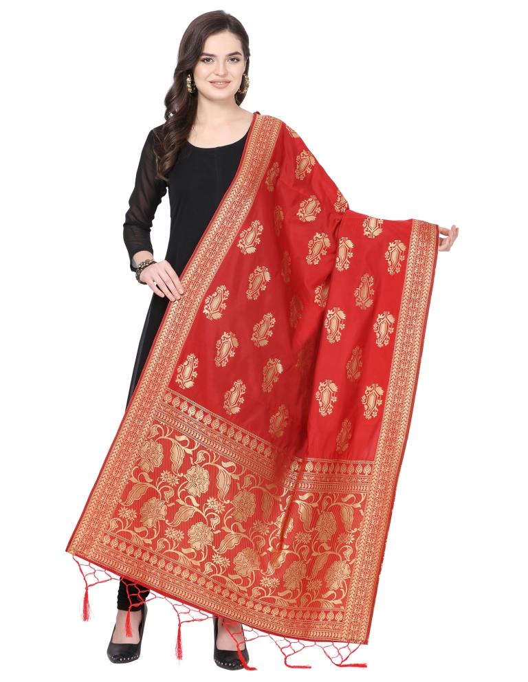 Amazing Red Coloured Poly Silk Jacquard Banarasi Dupatta | Leemboodi