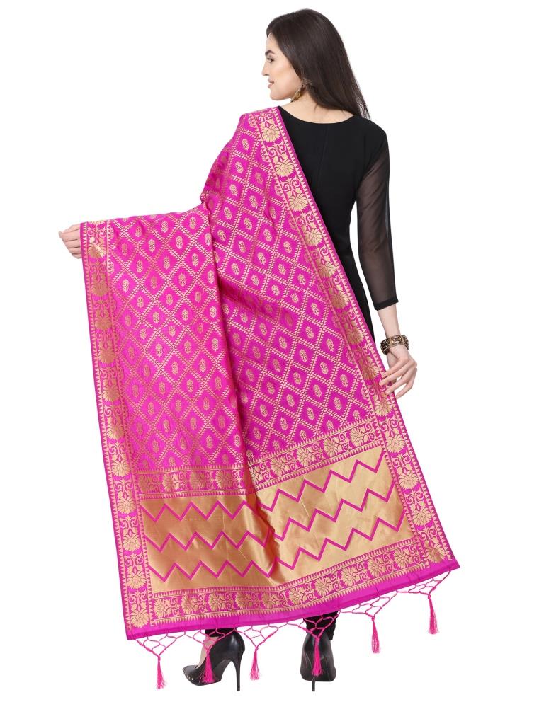 Blissful Pink Coloured Poly Silk Jacquard Banarasi Dupatta | Leemboodi