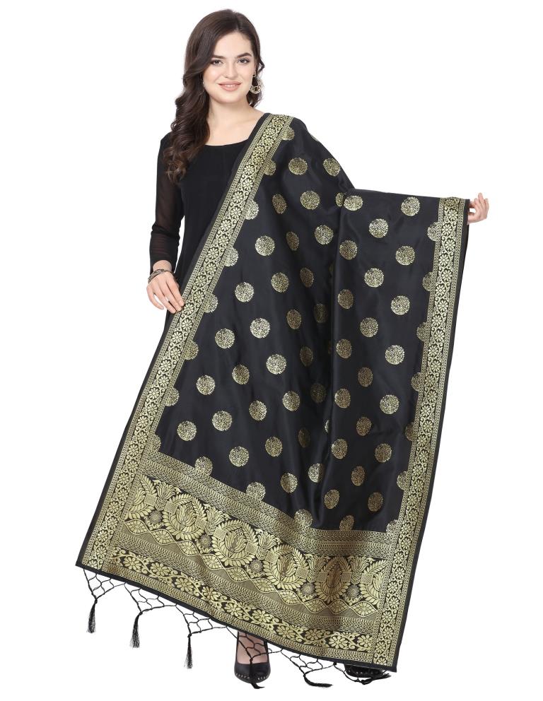 Vibrant Black Coloured Poly Silk Jacquard Banarasi Dupatta | Leemboodi