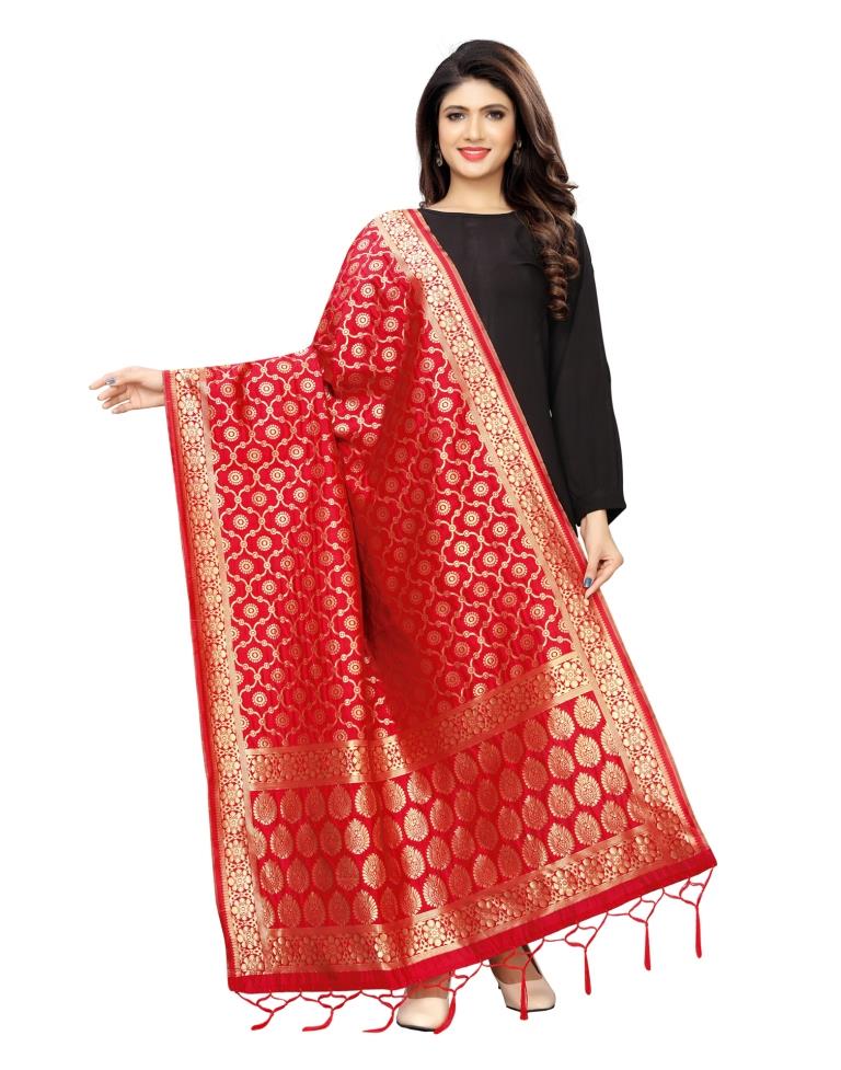 Luscious Red Coloured Poly Silk Jacquard Banarasi Dupatta | Leemboodi