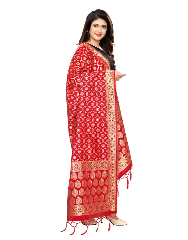 Luscious Red Coloured Poly Silk Jacquard Banarasi Dupatta | Leemboodi