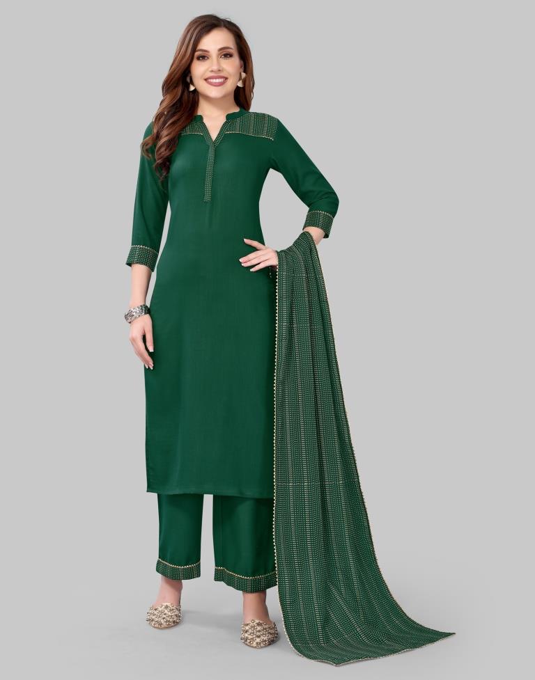 Green Khadi printed Kurti with Pant And Dupatta | Leemboodi
