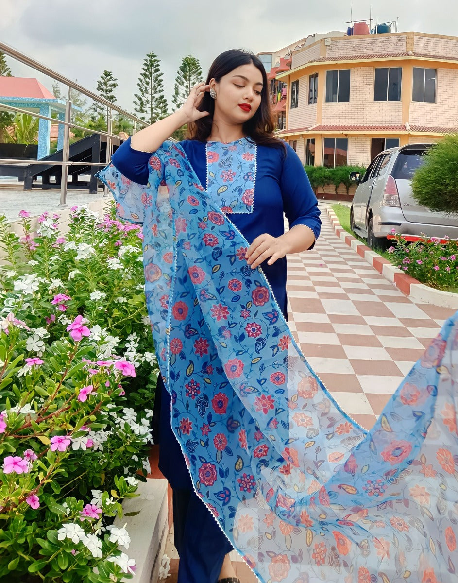 Teal Blue Kurti with Pant And Dupatta | Leemboodi