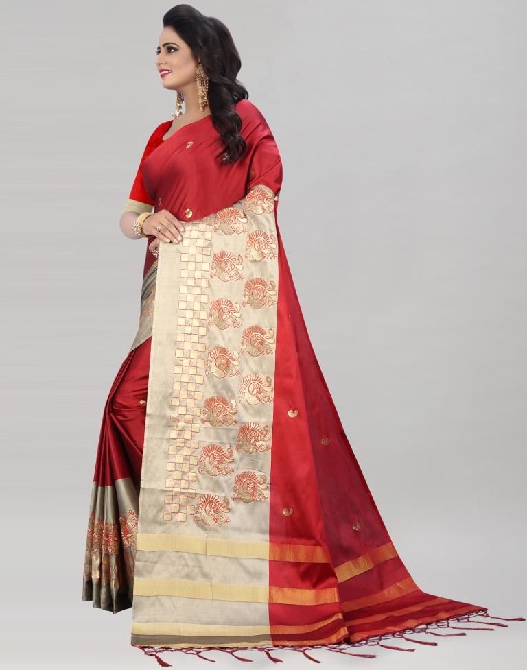 Maroon Coloured Poly Silk Zari Embroidered Partywear Saree | Leemboodi