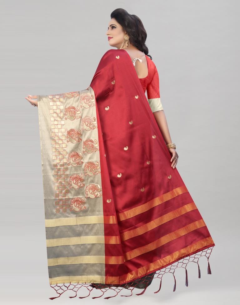 Maroon Coloured Poly Silk Zari Embroidered Partywear Saree | Leemboodi