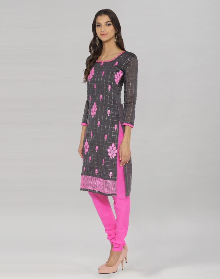 Grey Chanderi Silk Embroidered Unstitched Salwar Suit | Leemboodi