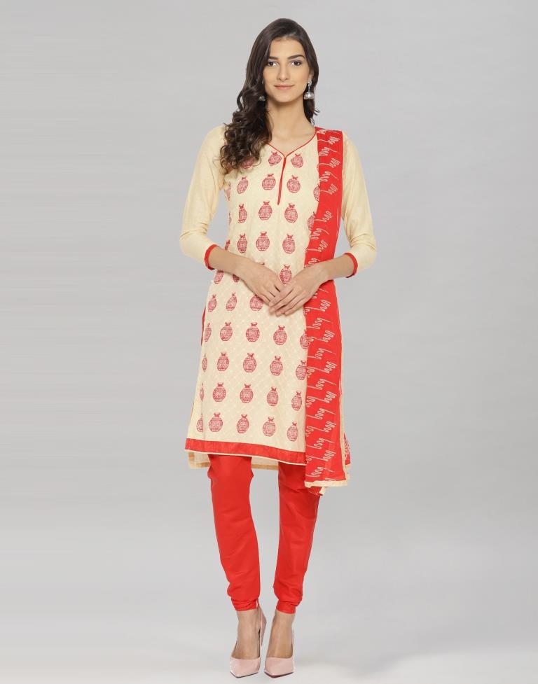 Beige Cotton Embroidered Printed Unstitched Salwar Suit | Leemboodi