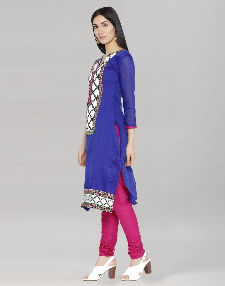 Navy Blue Glace Cotton Zari Embroidered Unstitched Salwar Suit | Leemboodi