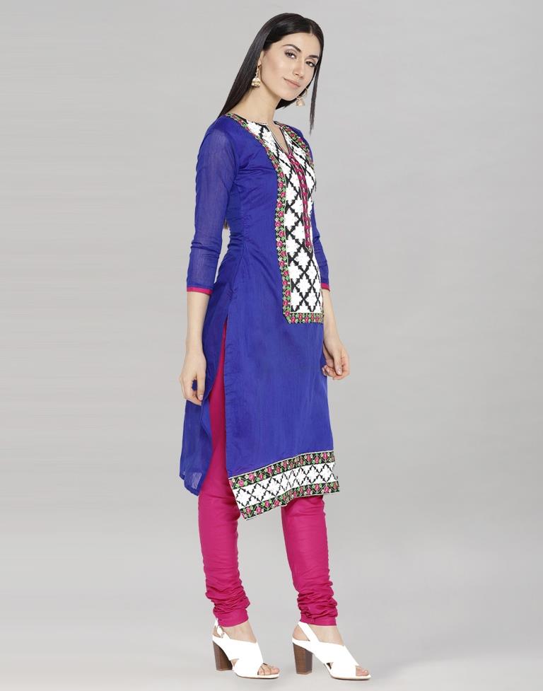Navy Blue Glace Cotton Zari Embroidered Unstitched Salwar Suit | Leemboodi