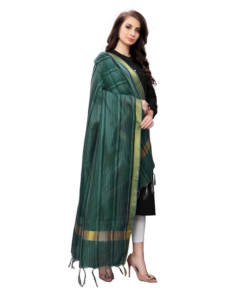 Whimsical Dark Green Coloured Cotton Silk Woven Strip Dupatta | Leemboodi