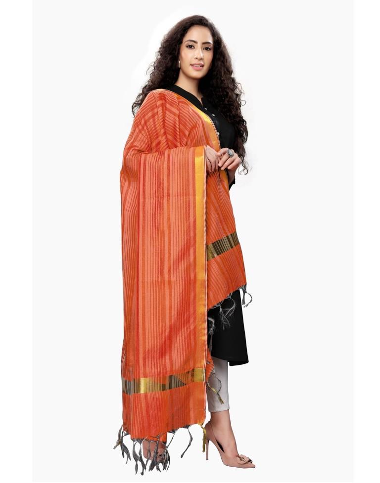 Sleek Peach Coloured Cotton Silk Woven Strip Dupatta | Leemboodi