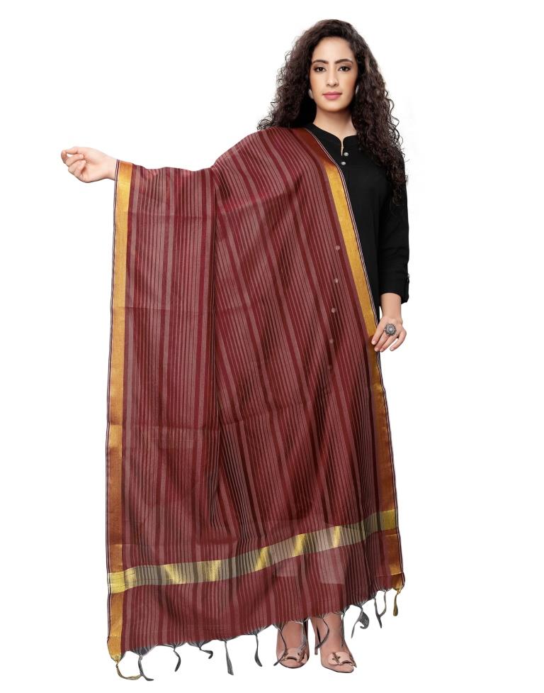 Favourable Maroon Coloured Cotton Silk Woven Strip Dupatta | Leemboodi