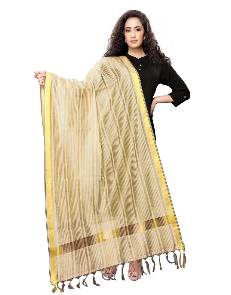 Standard Beige Coloured Cotton Silk Woven Strip Dupatta | Leemboodi