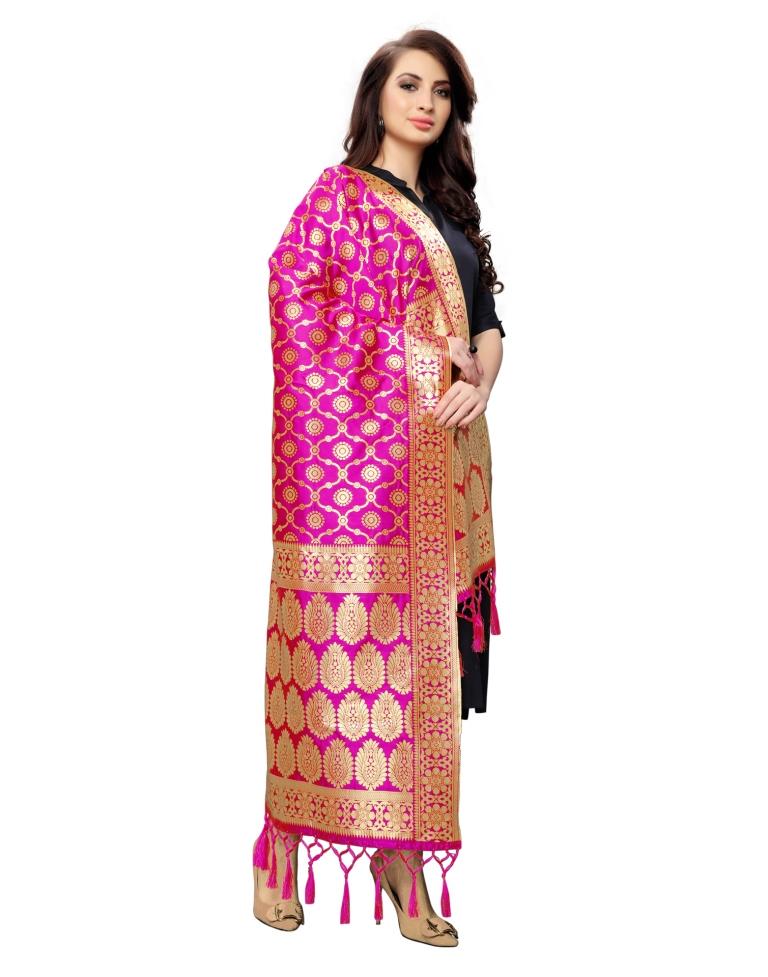 Choicest Pink Coloured Poly Silk Jacquard Banarasi Dupatta | Leemboodi
