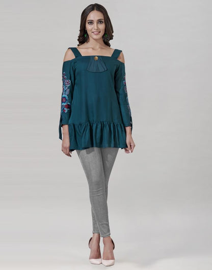 Turquoise Coloured Thread Embroidered Rayon Top | Leemboodi