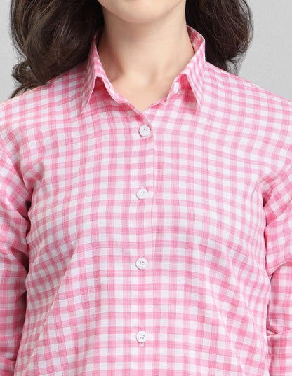 Applaudable Pink Coloured Woven Checks Poly Cotton Tops | Leemboodi