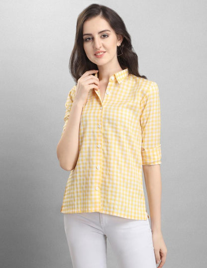 Precious Yellow Coloured Woven Checks Poly Cotton Shirt | Leemboodi