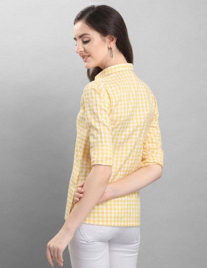 Precious Yellow Coloured Woven Checks Poly Cotton Shirt | Leemboodi