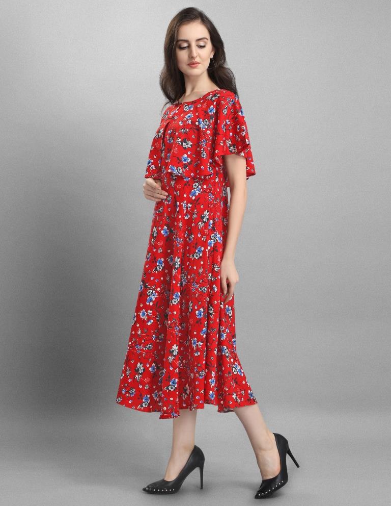 Imperial Red Coloured Floral Printed Crepe Dress | Leemboodi