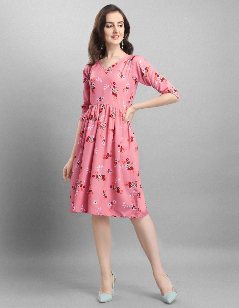 Vintage Pink Coloured Floral Printed Crepe Dress | Leemboodi
