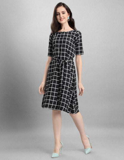 Glistening  Black Coloured Check Printed Crepe Dress | Leemboodi