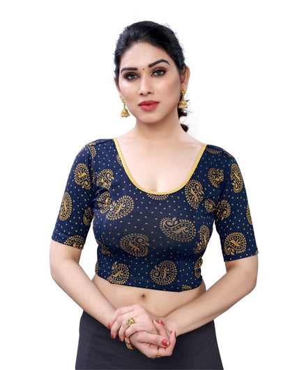 Glossy Navy Blue Coloured Lycra Knitted Stitched Blouse | Leemboodi